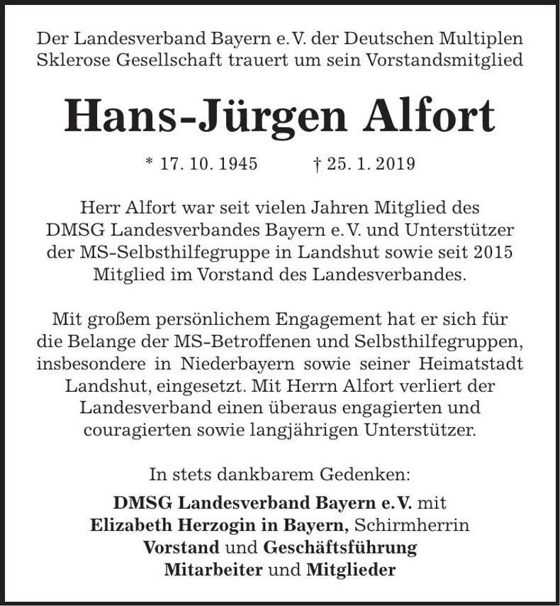 Traueranzeige Hans-Jürgen Alfort