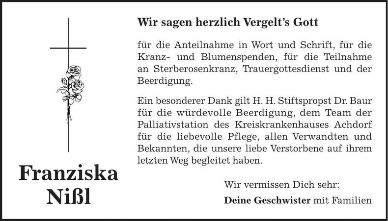 Traueranzeige Franziska Nißl
