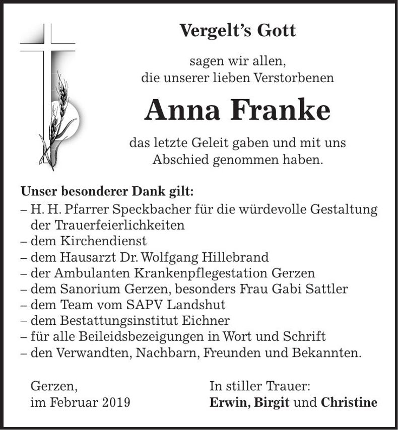 Traueranzeige Anna Franke