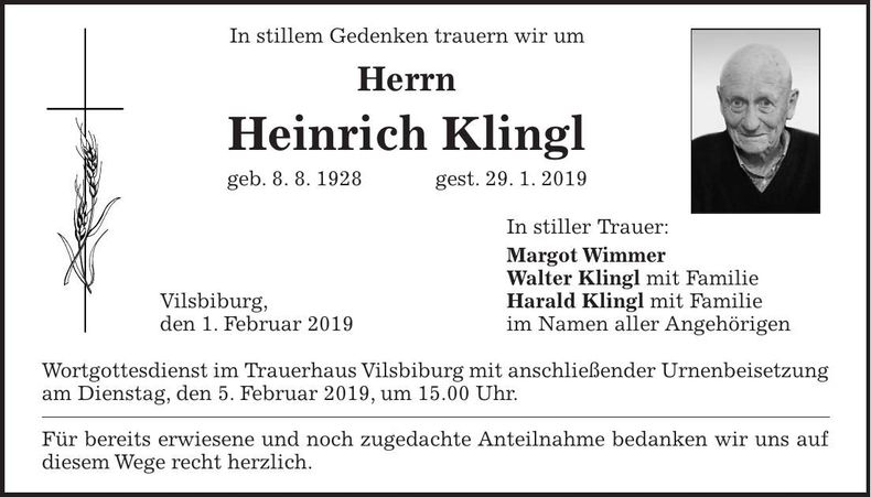 Traueranzeige Heinrich Klingl