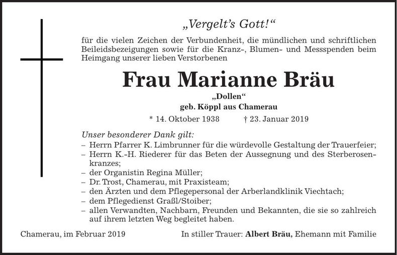 Traueranzeige Marianne Bräu