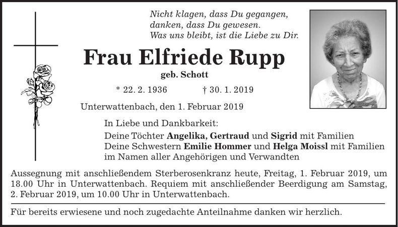 Traueranzeige Elfriede Rupp