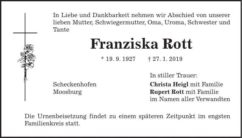 Traueranzeige Franziska Rott