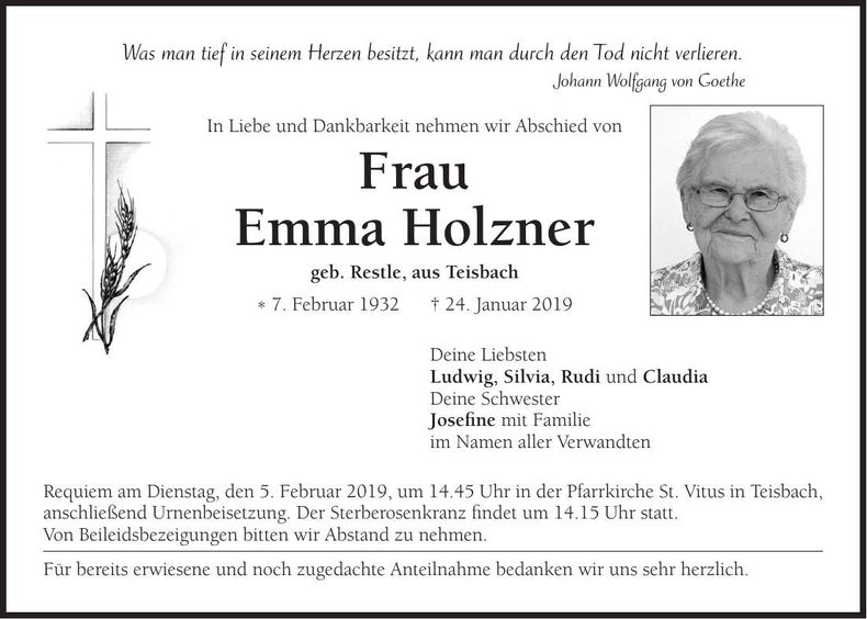 Traueranzeige Emma Holzner