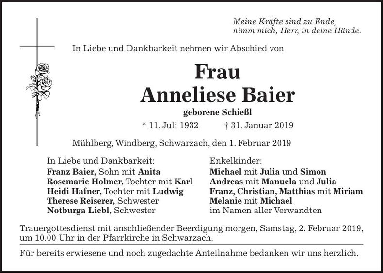Traueranzeige Anneliese Baier