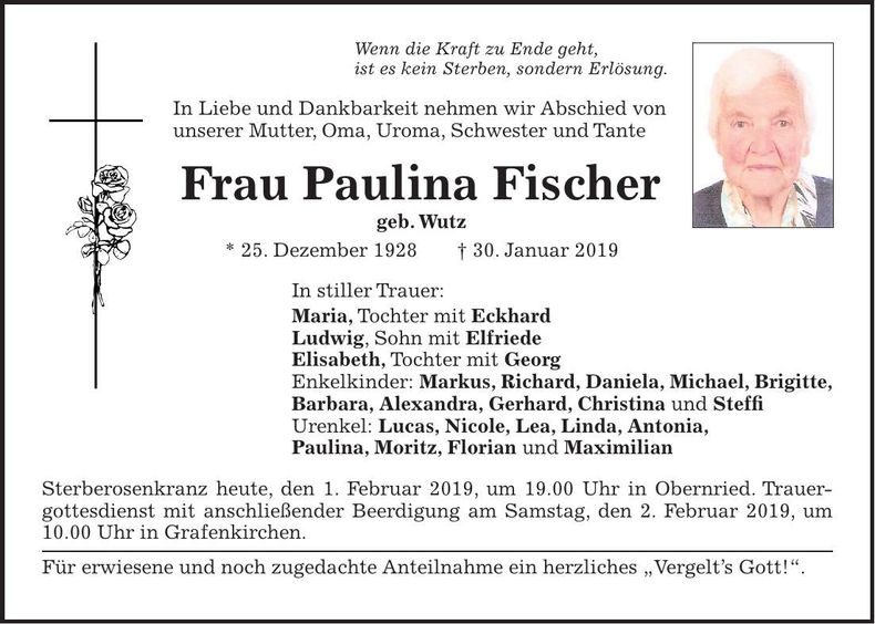 Traueranzeige Paulina Fischer
