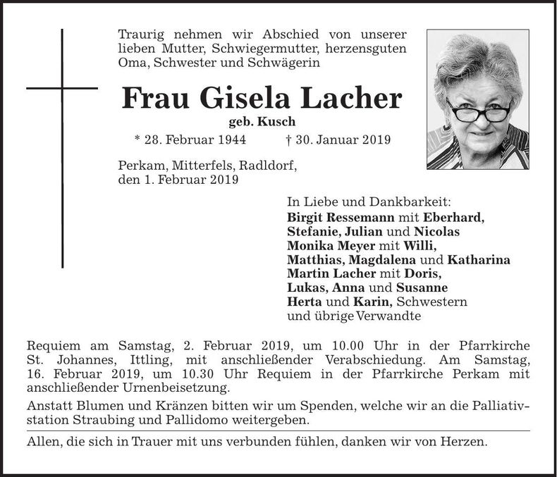 Traueranzeige Gisela Lacher