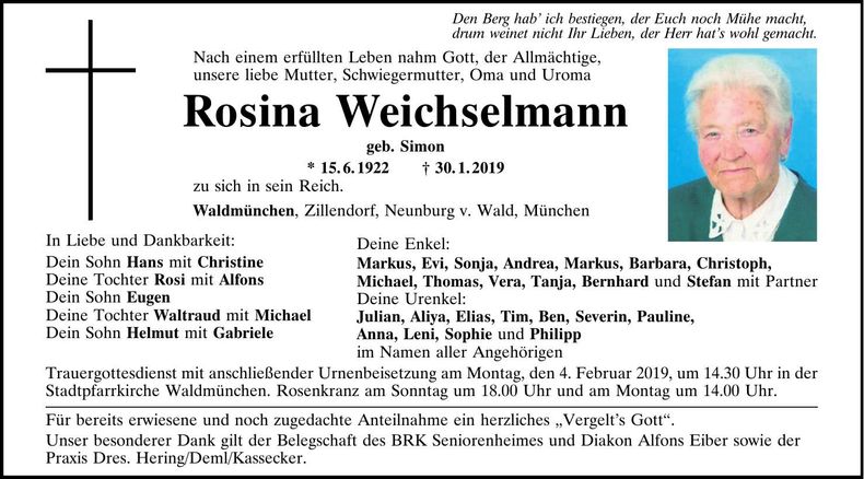Traueranzeige Rosina Weichselman