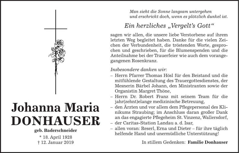 Traueranzeige Johanna Maria Donhauser