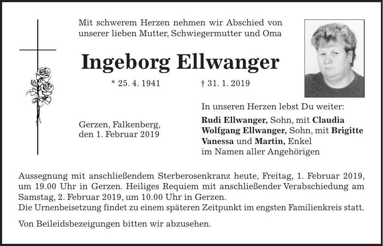Traueranzeige Ingeborg Ellwanger