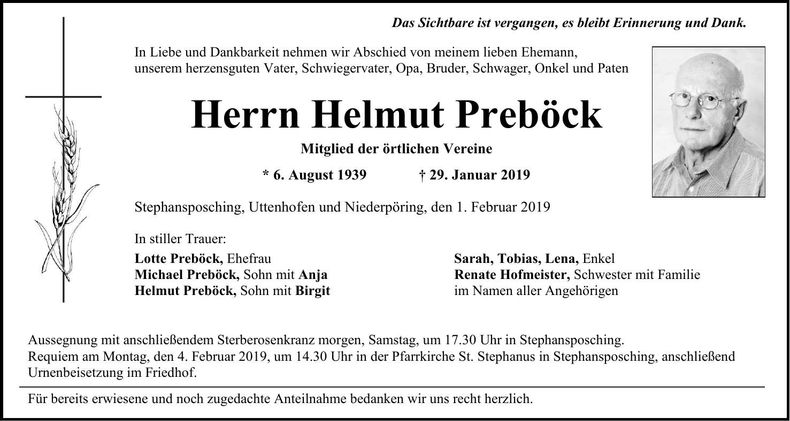 Traueranzeige Helmut Preböck