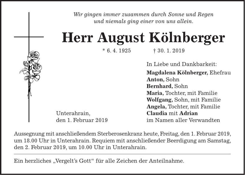 Traueranzeige August Kölnberger