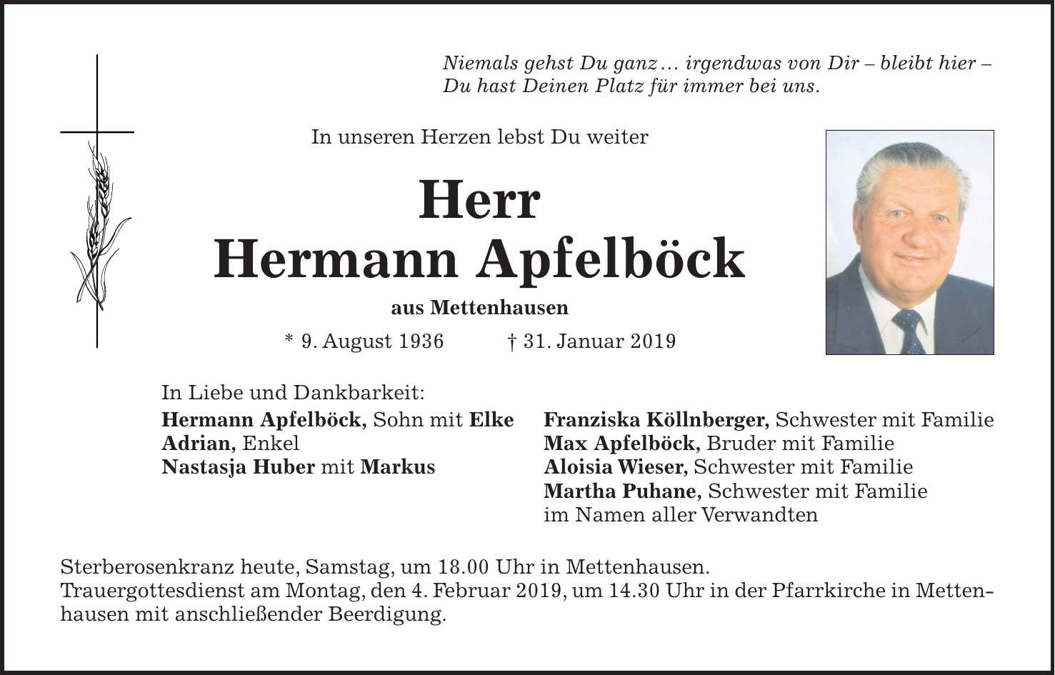 Traueranzeige Hermann Apfelböck