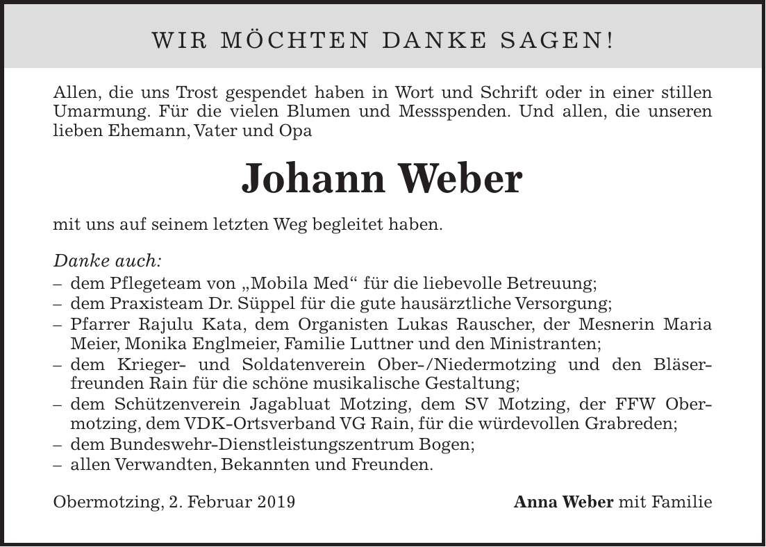 Traueranzeige Johann Weber