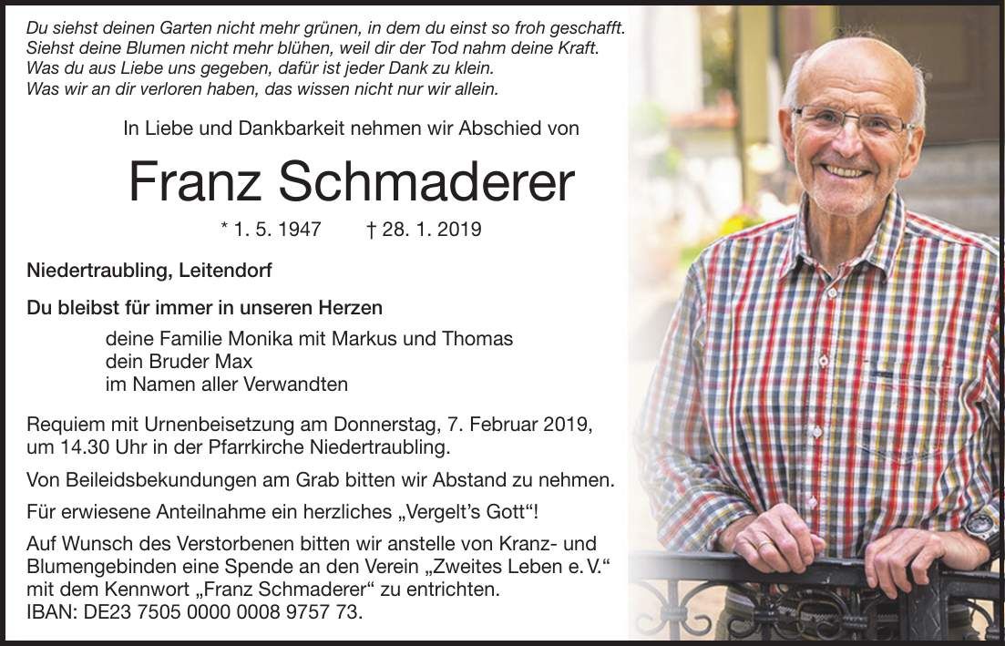 Traueranzeige Franz Schmaderer