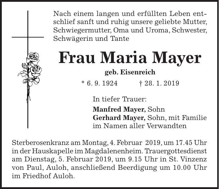 Traueranzeige Maria Mayer