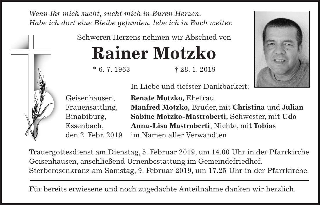 Traueranzeige Rainer Motzko