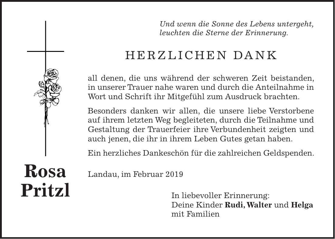 Traueranzeige Rosa Pritzl
