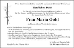 Traueranzeige Maria Gold