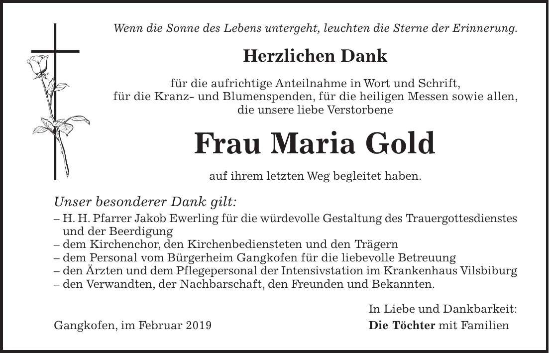 Traueranzeige Maria Gold