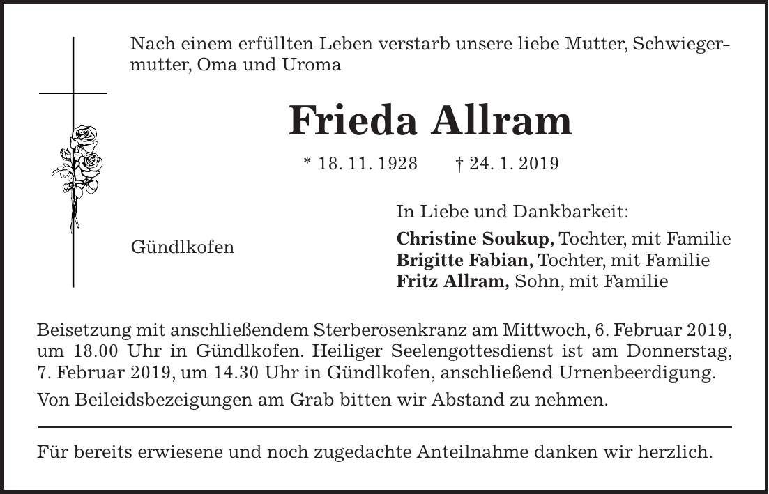 Traueranzeige Frieda Allram