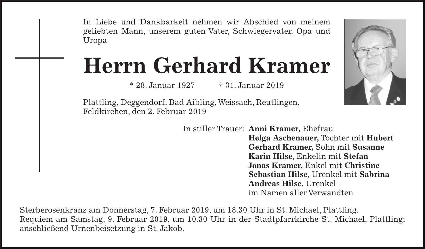 Traueranzeige Gerhard Kramer