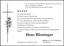 Traueranzeige Hans Blieninger