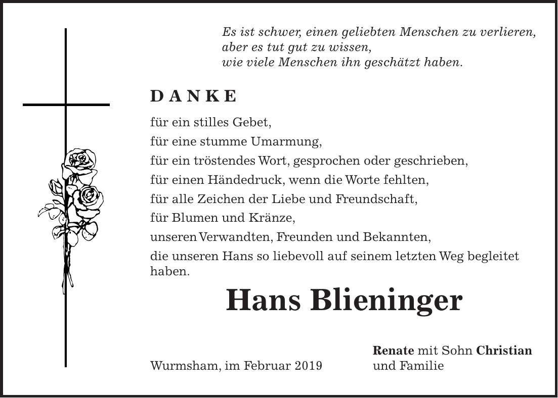 Traueranzeige Hans Blieninger