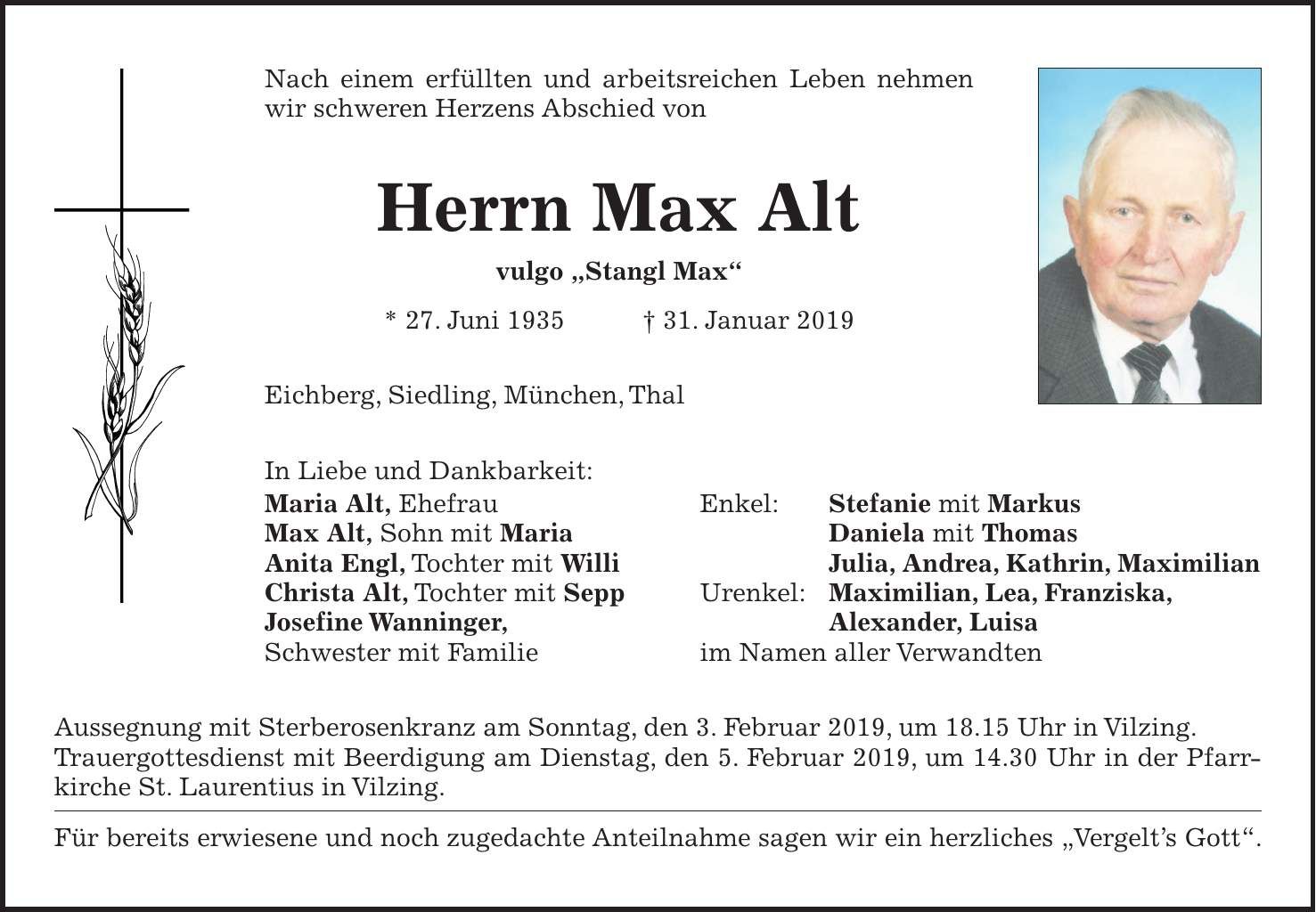 Traueranzeige Max Alt