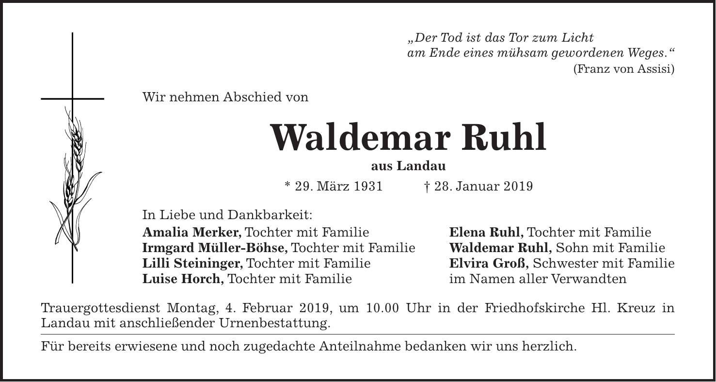 Traueranzeige Waldemar Ruhl