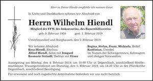 Traueranzeige Wilhelm Hiendl