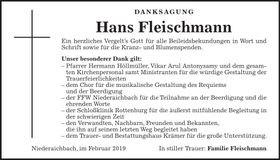 Traueranzeige Johann Fleischmann