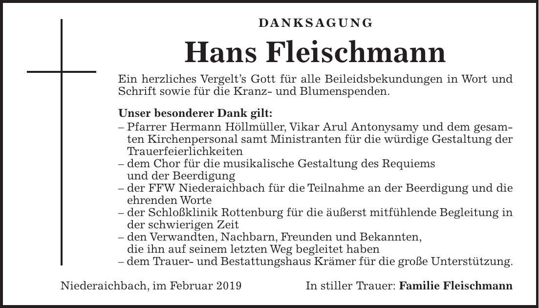 Traueranzeige Johann Fleischmann