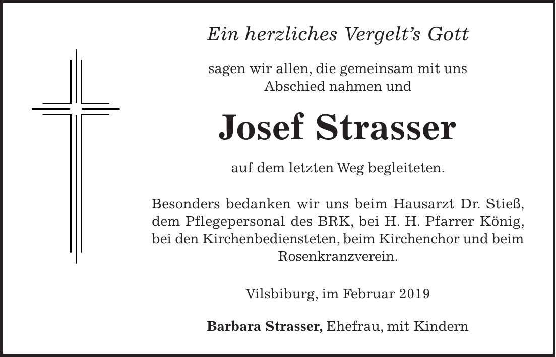 Traueranzeige Josef Strasser
