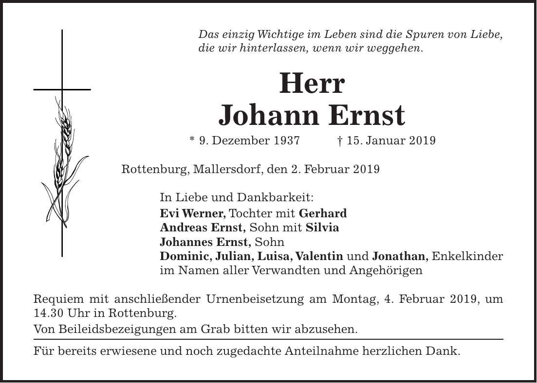 Traueranzeige Johann Ernst