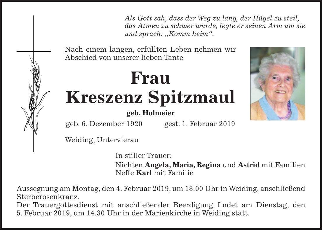Traueranzeige Kreszenz Spitzmaul