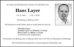 Traueranzeige Hans Layer