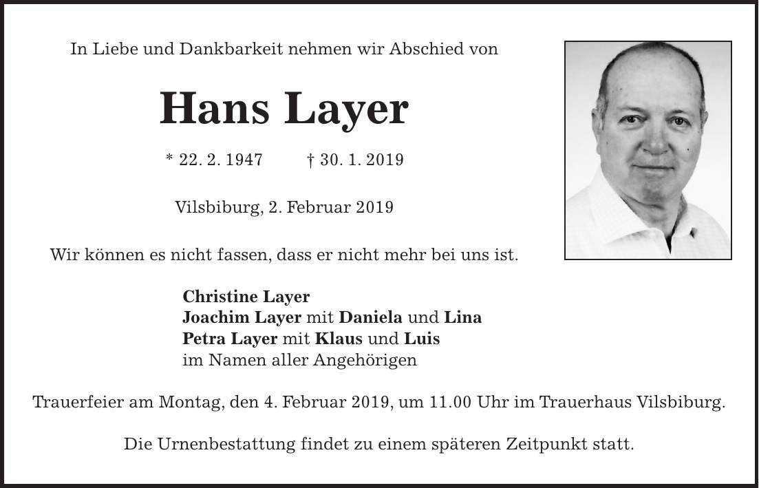 Traueranzeige Hans Layer