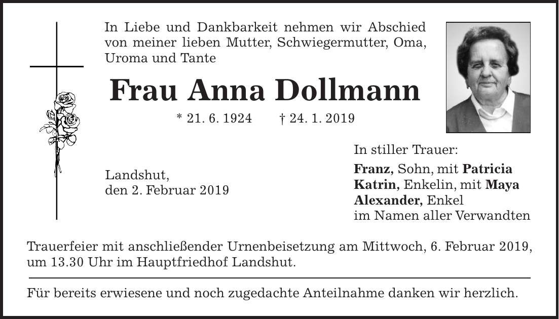 Traueranzeige Anna Dollmann