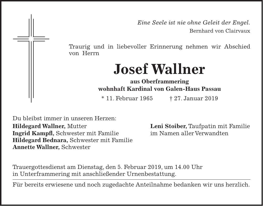 Traueranzeige Josef Wallner