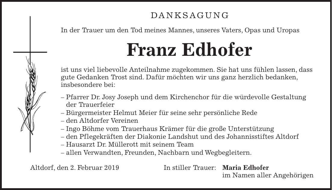 Traueranzeige Franz Edhofer