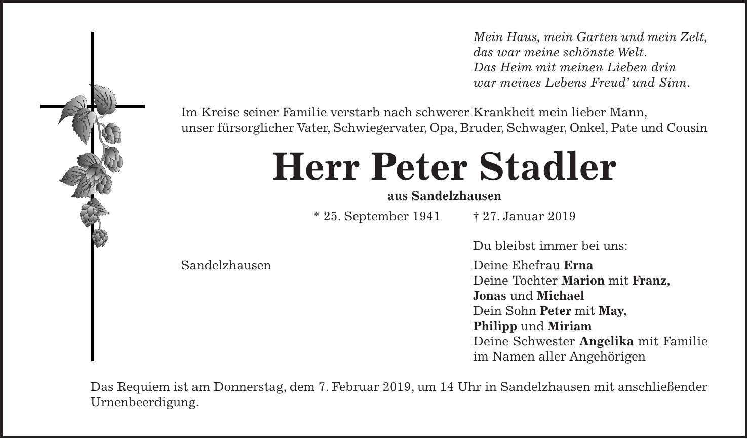 Traueranzeige Peter Stadler