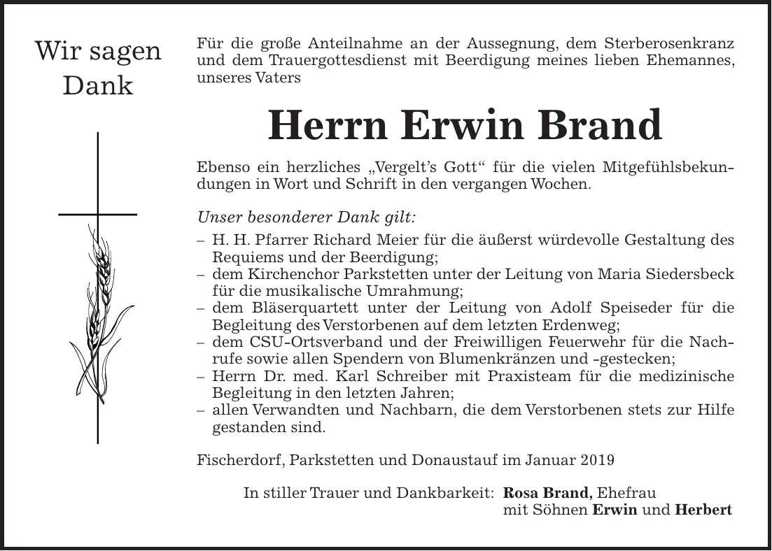 Traueranzeige Erwin Brand