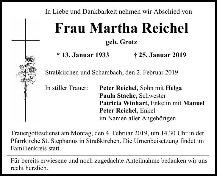 Traueranzeige Martha Reichel