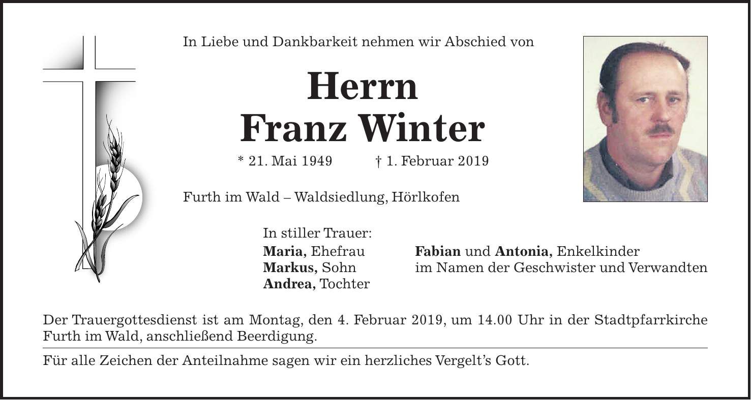 Traueranzeige Franz Winter