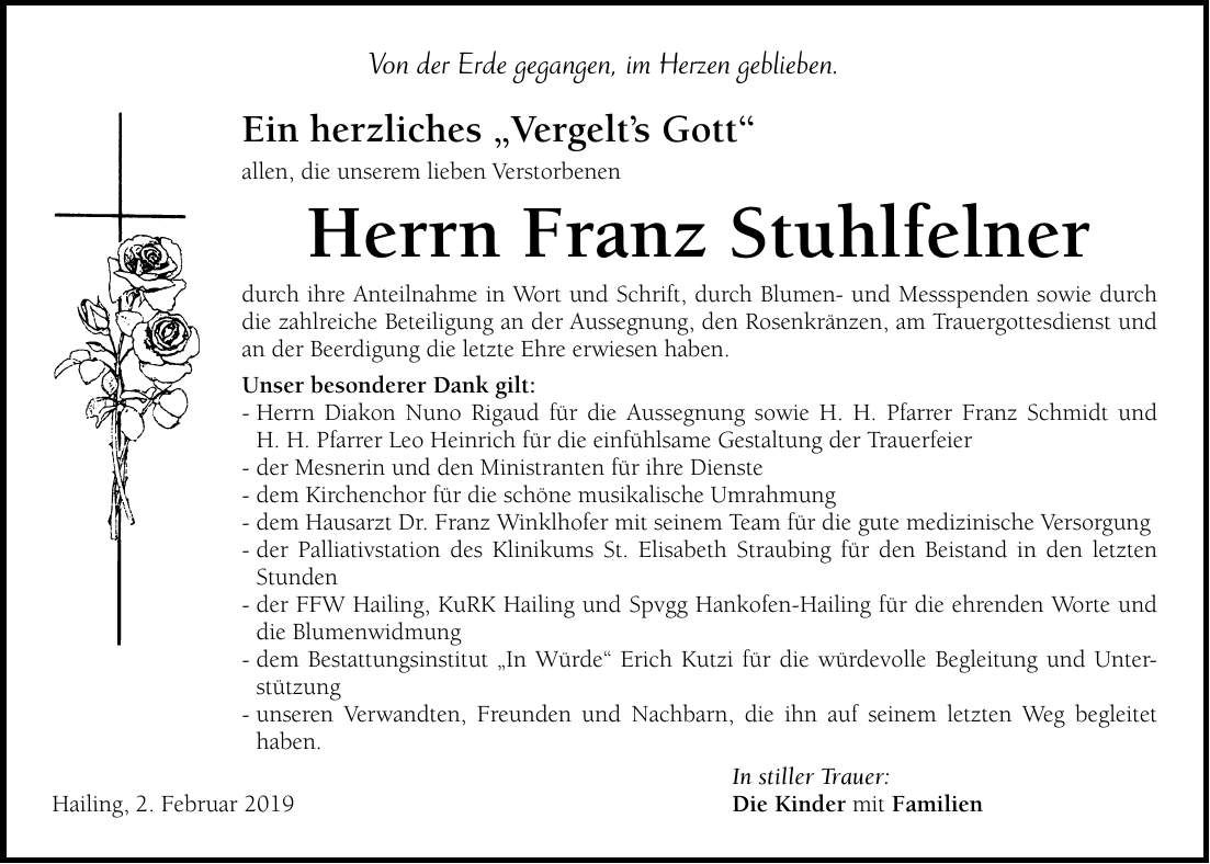 Traueranzeige Franz Stuhlfelner