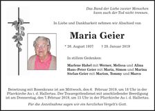 Traueranzeige Maria Geier