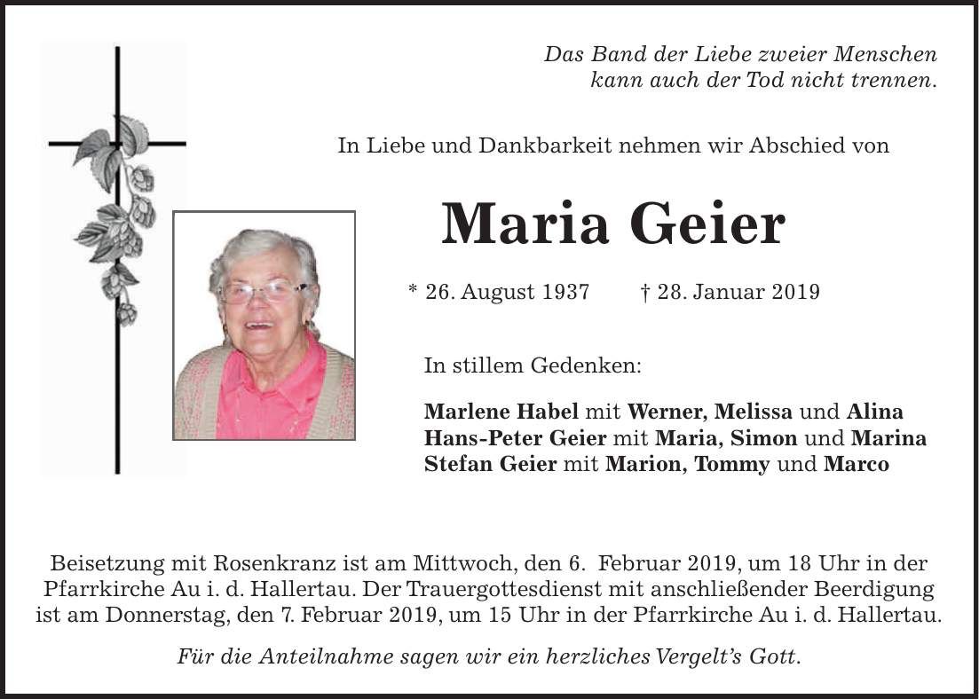Traueranzeige Maria Geier
