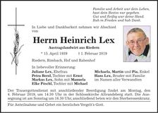 Traueranzeige Heinrich Lex