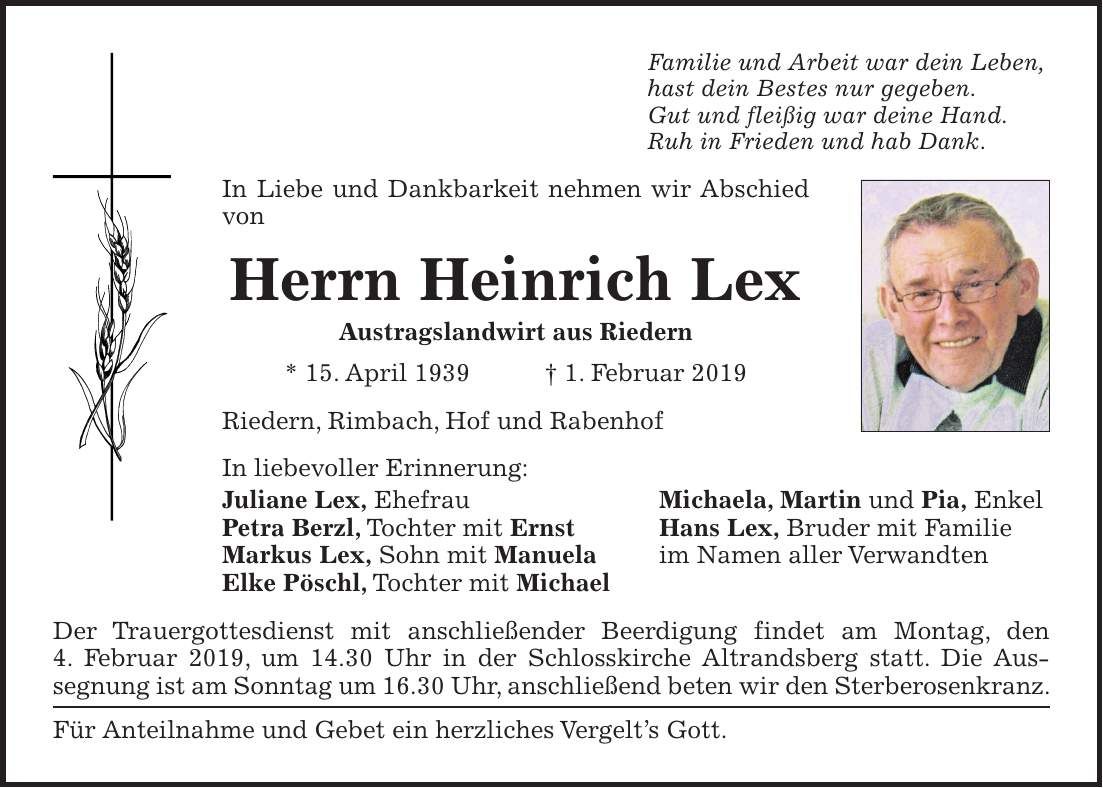 Traueranzeige Heinrich Lex